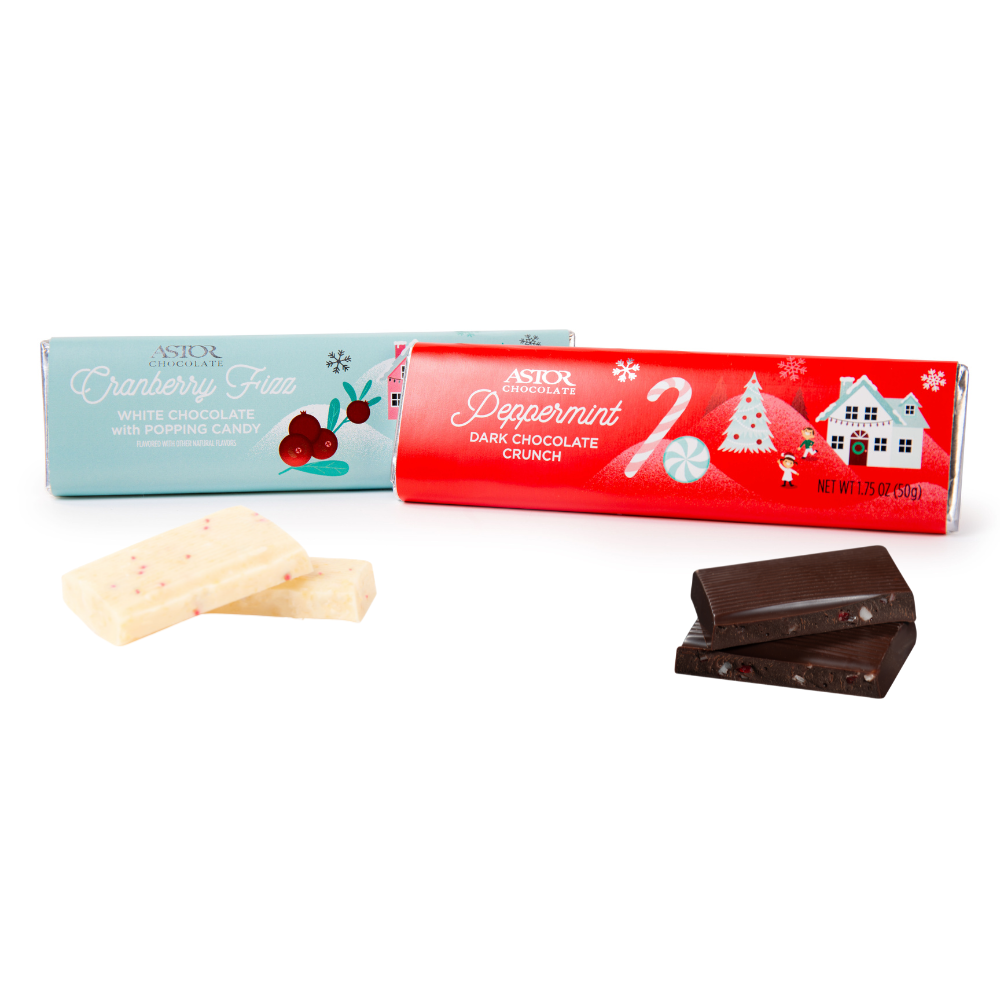 Holiday - Holiday Chocolate Bars - Mixed Case - 1.75oz White Cranberry Fizz and 1.75oz Dark Peppermint Crunch